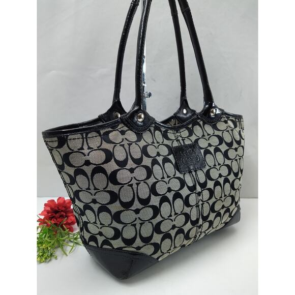 Coach Bleecker Signature Black Canvas Leather Trim Top Handle Tote Shoulder Bag - Picture 3 of 15